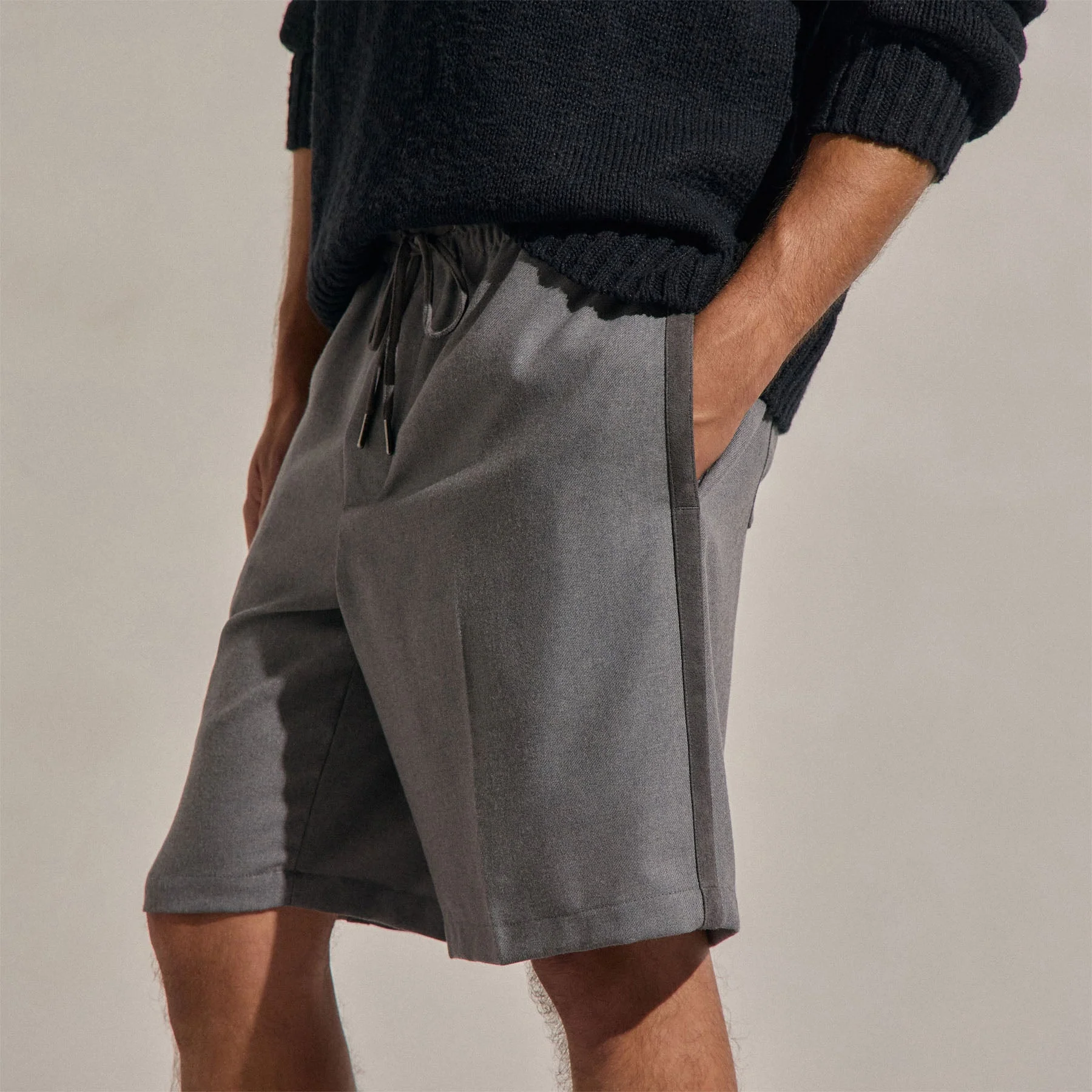 Suede Trim Wool Drawstring Short - Heather Grey - Image 3