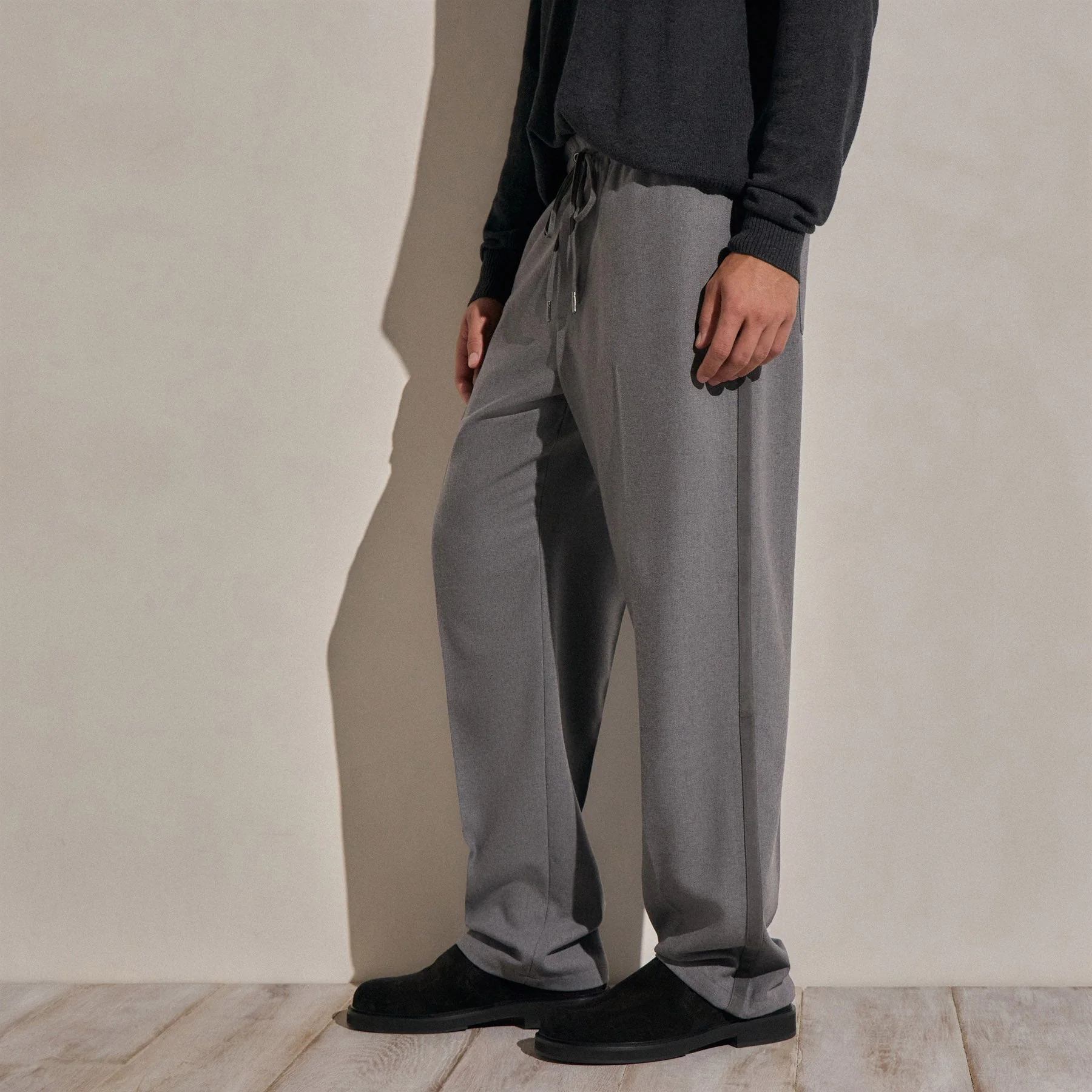 Suede Trim Wool Drawstring Trouser - Heather Grey