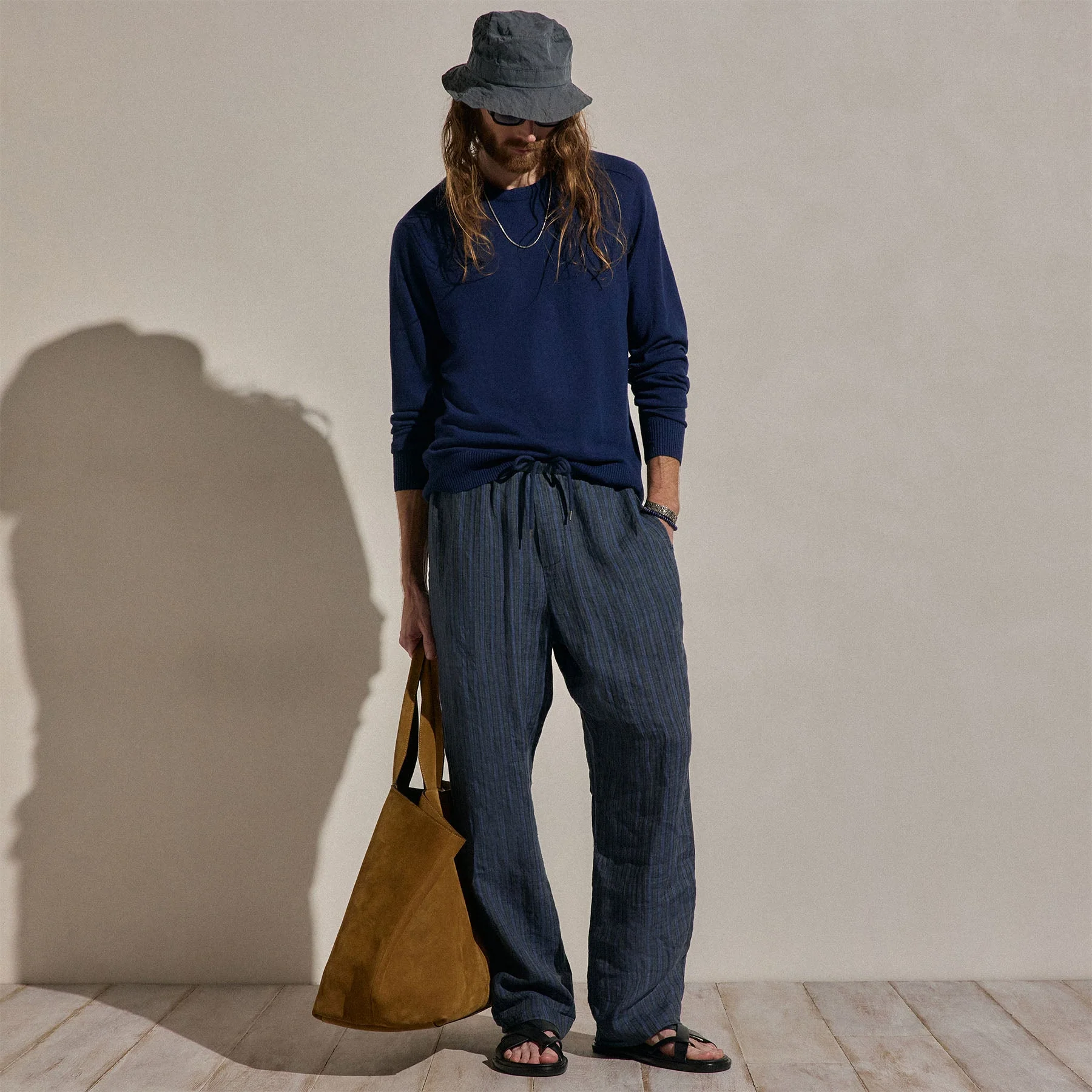 Washed Stripe Linen Relaxed Pant - Blue Stripe - Image 3