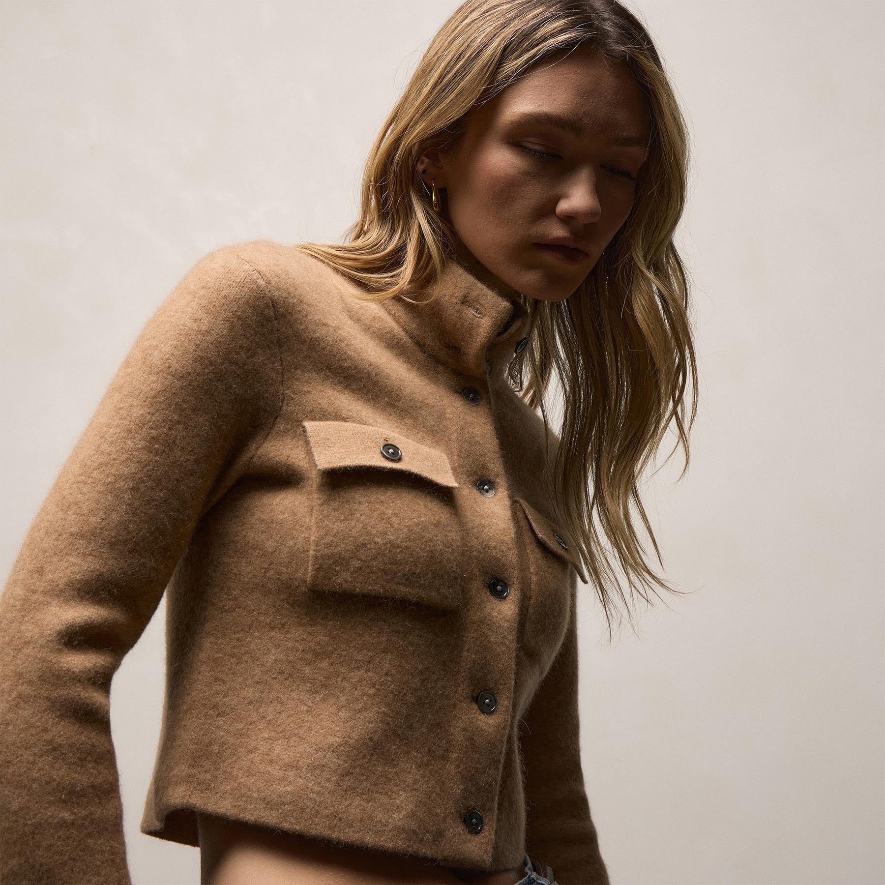 Wool Alpaca Funnel Neck Cardigan Jacket - Camel - Image 4