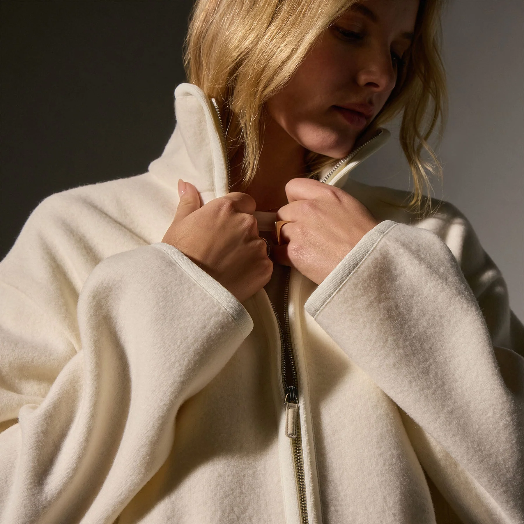 Wool Jersey Zip Up Jacket - Ivory - Image 3