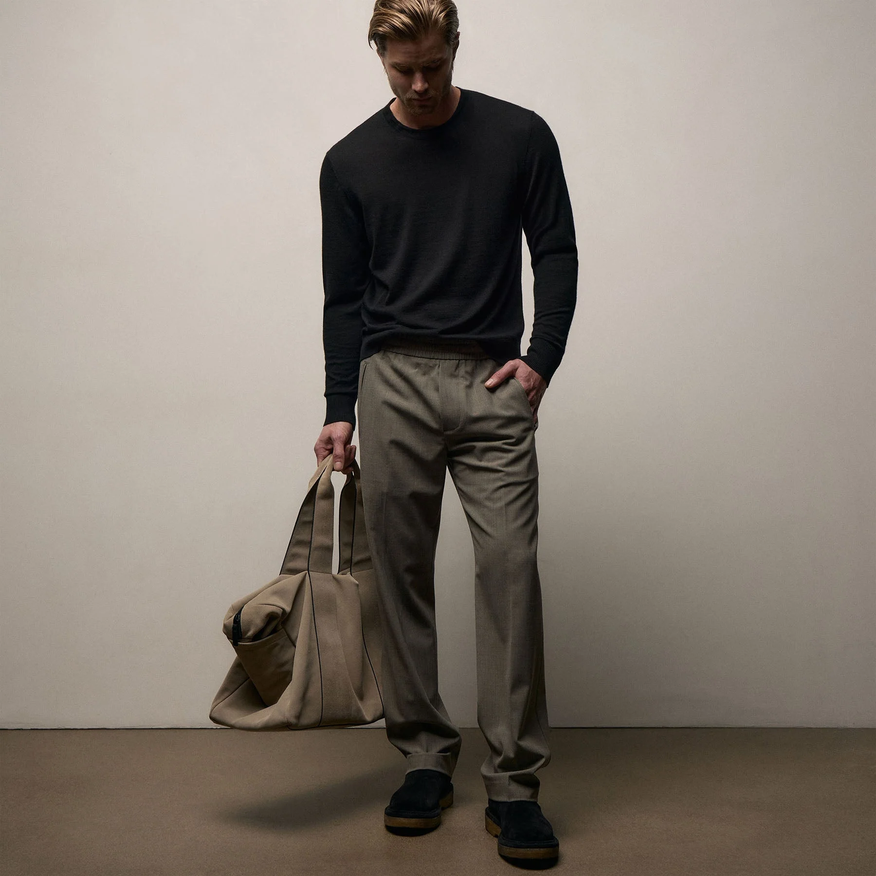 Wool Stretch Pull On Trouser - Light Olive - Image 3